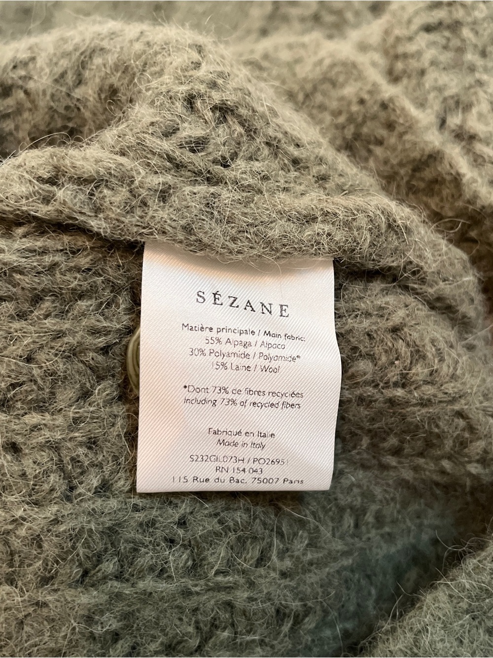 Sézane Basile Alpaca Wool Cardigan XL Olive Green Puff Sleeve Cozy Knit - Picture 8 of 12
